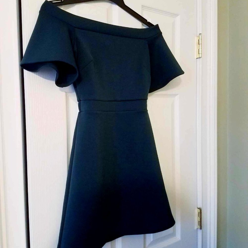 Satin, Off The Shoulder A-Line Dress STRETCH Elastic, Forest Green, Chic, CUTE!!